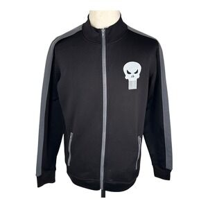 Marvel Punisher Men's Sz M Full Zip Jacket-Black Gray Stripe & Graphic‎ Logo.